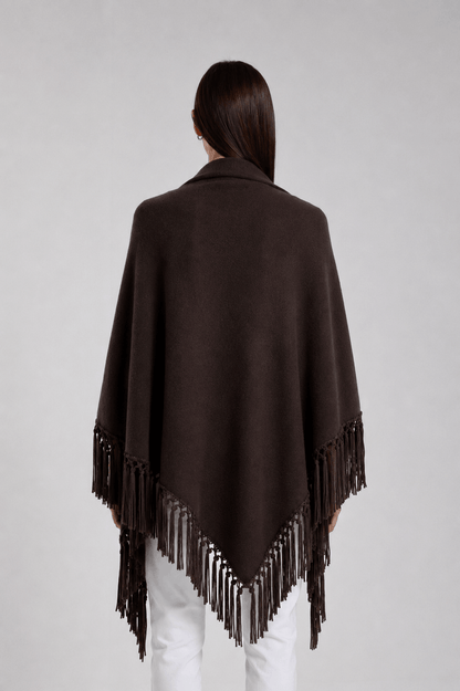 Yasmine Merino Cashmere Silk Wrap with Leather Fringe 202 Espresso-3